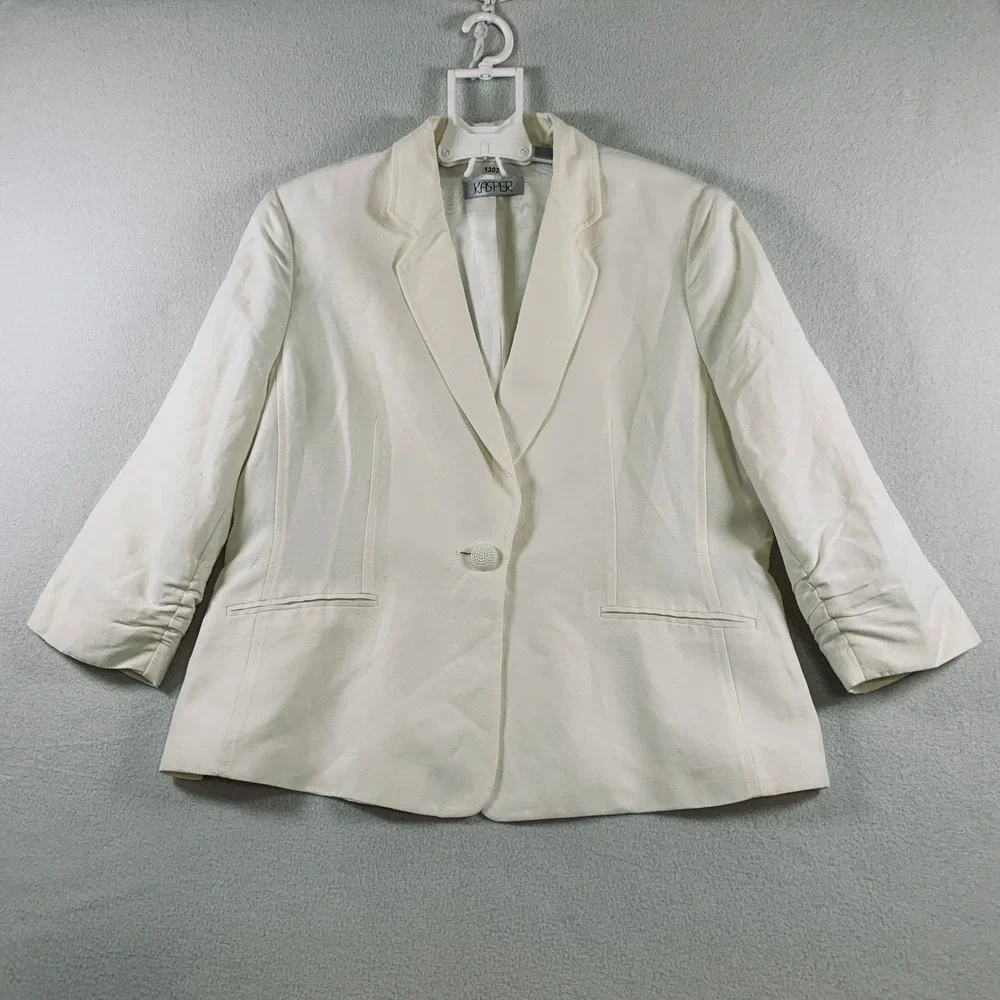 Kasper Blazer Women's 14 Ivory Linen Blend Ruched 3/4 Sleeve 1-Button Jacket